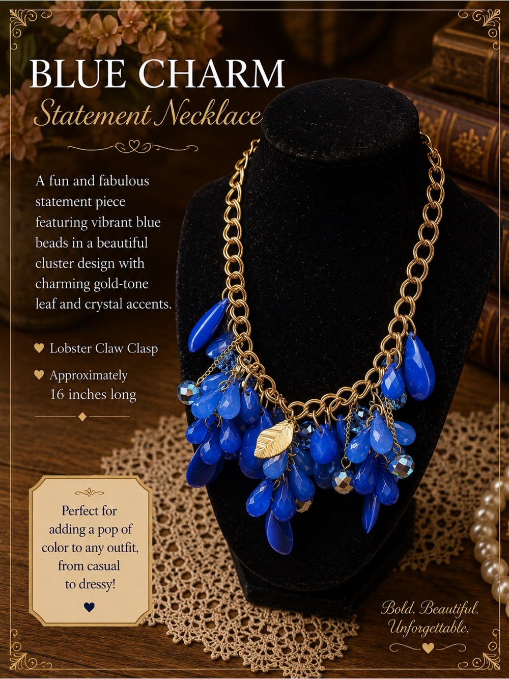 Source Unknown Blue and Gold Cluster Necklace